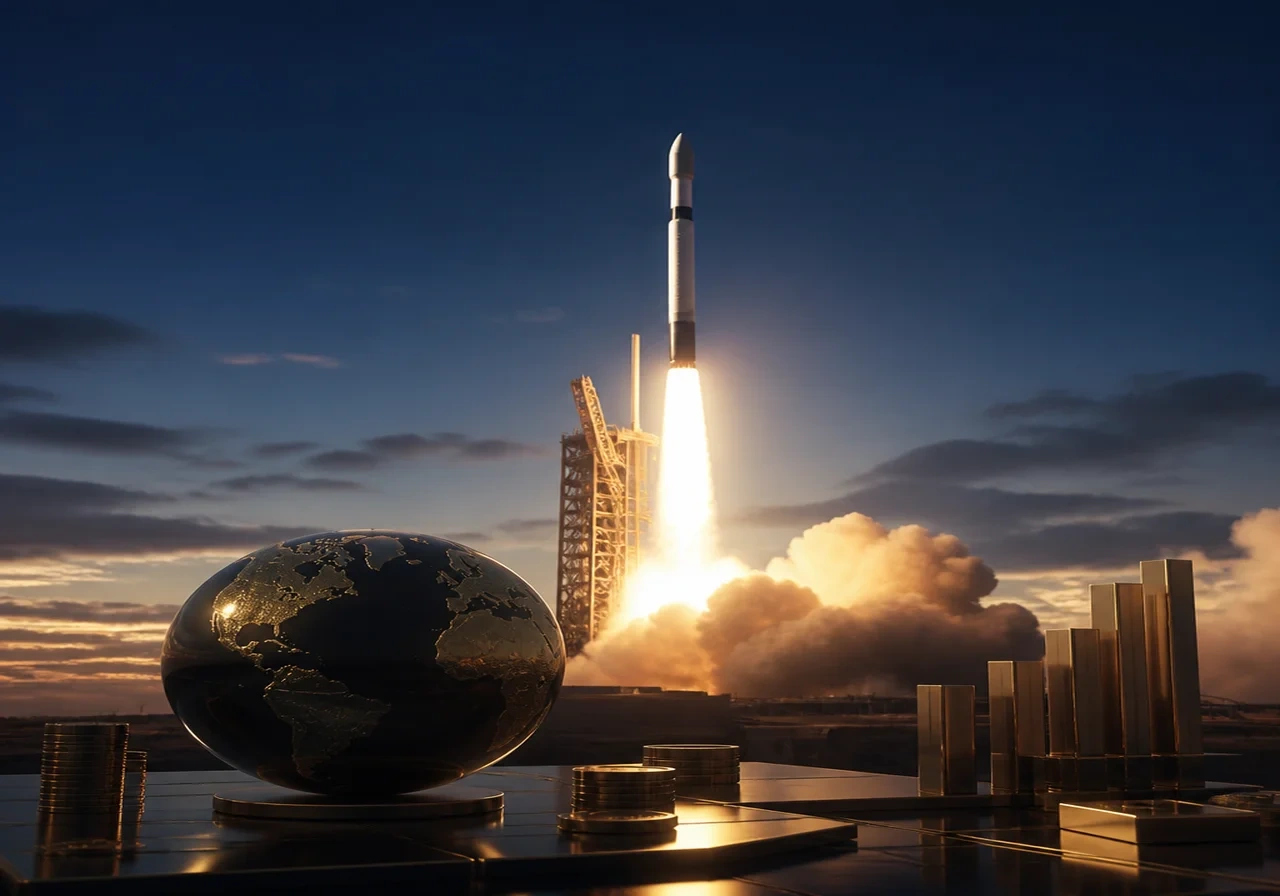 A SpaceX Falcon 9 rocket lifting off at dusk, with bright exhaust and a clear sky, symbolizing the company's launch into public markets.