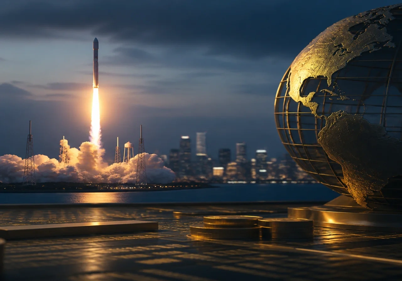 A Falcon 9 rocket lifting off at dusk with a blurred city skyline in the background, emphasizing scale and technology.