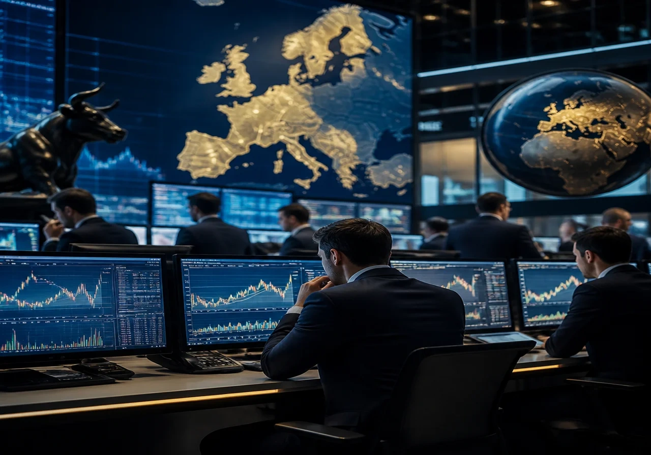 Traders on a busy trading floor monitoring screens with European stock indices displayed