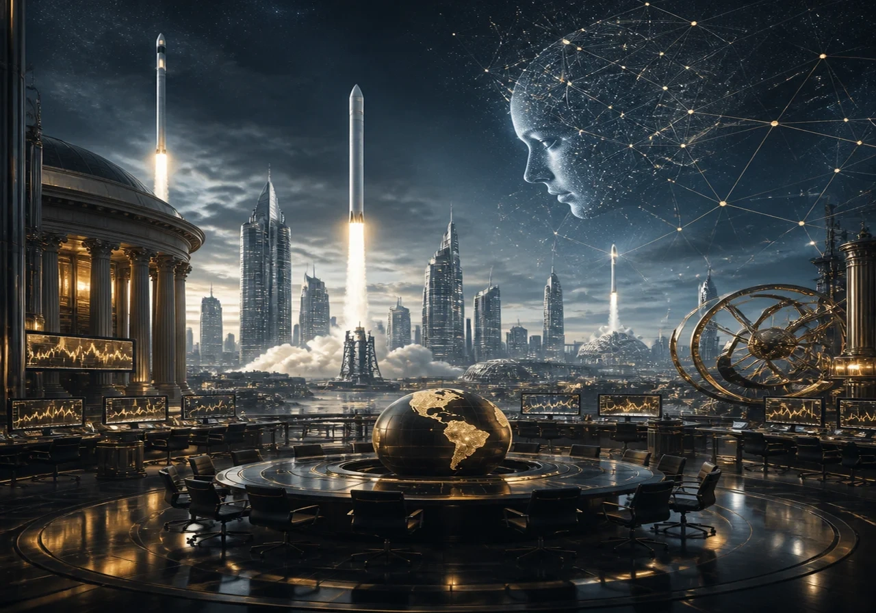 A futuristic cityscape with rocket silhouettes and abstract neural network patterns in the sky, representing SpaceX and AI companies.