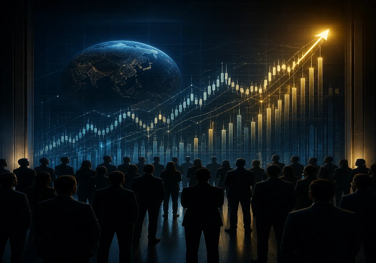 A crowd of silhouetted investors watching a large digital display showing abstract stock charts and upward trends, symbolizing market absorption.