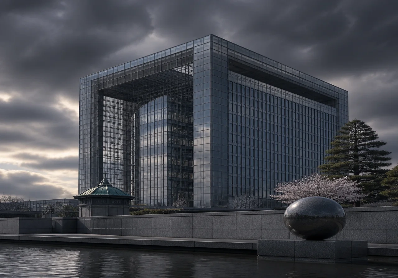 The Bank of Japan headquarters in Tokyo, a modern glass building under a cloudy sky, representing monetary authority.