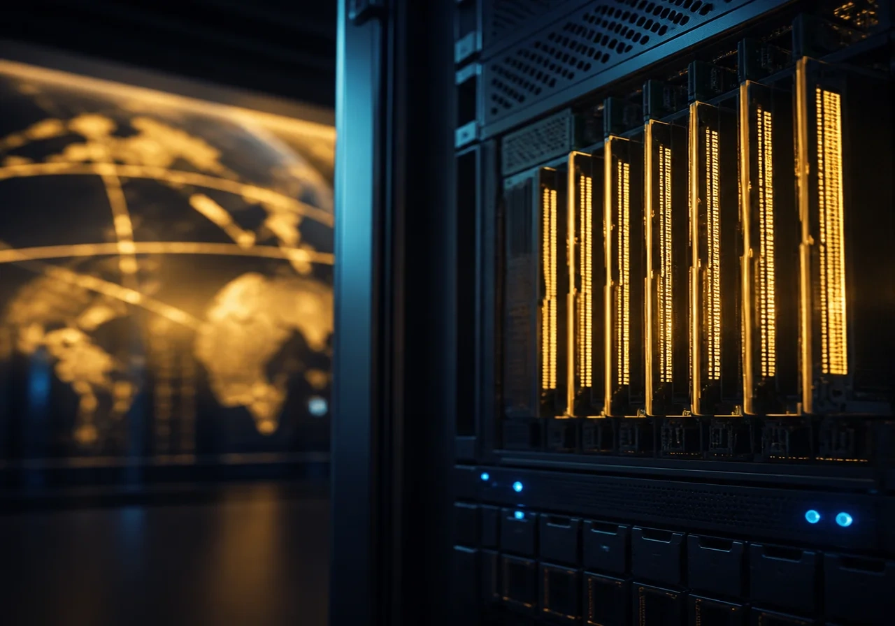 A close-up photo of a server rack with glowing memory modules, symbolizing the RAM shortage.