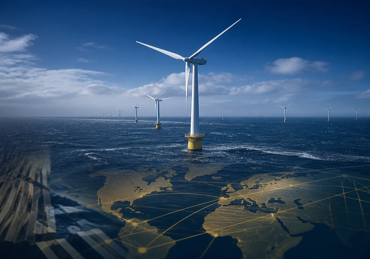 Aerial view of an offshore wind farm with turbines against a blue sky over choppy sea water