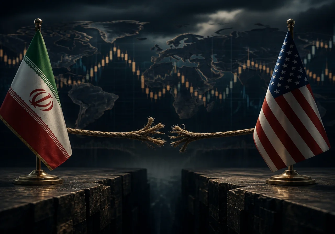 An editorial illustration depicting a broken communication line between Iran and the US, with bond market tickers in the background.