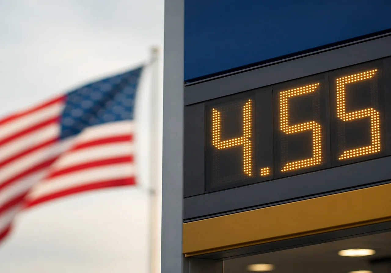 A close-up of a gas station price sign showing $4.55 per gallon, with a blurred American flag in the background.
