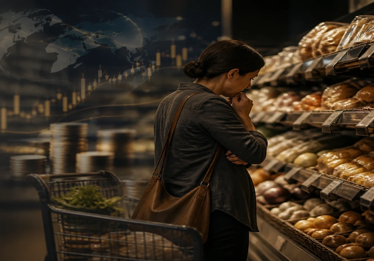 A grocery store aisle with a shopper looking at price tags, expression of worry, warm lighting.