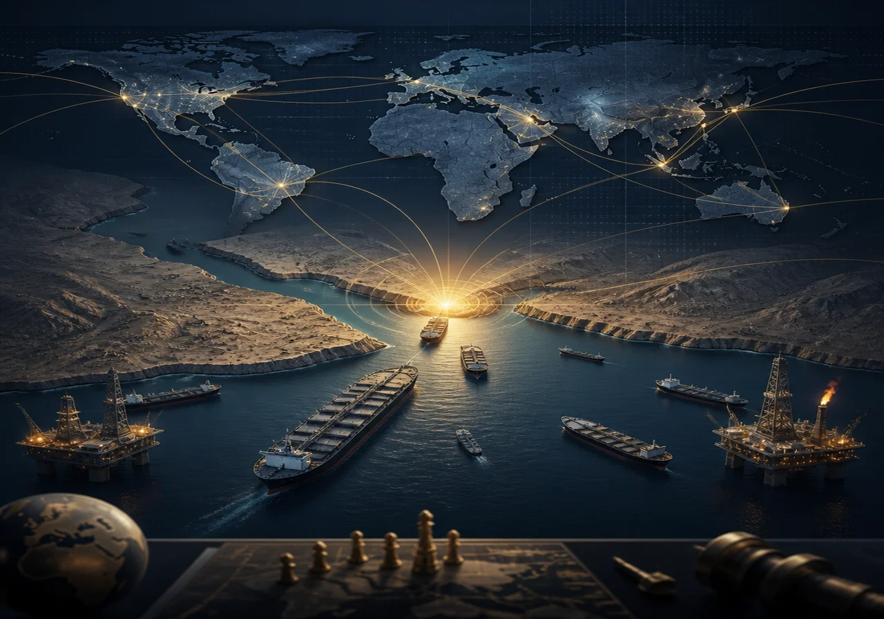 A digital illustration of global trade routes with highlighted chokepoint at the Strait of Hormuz, surrounded by oil rigs and tanker ships.