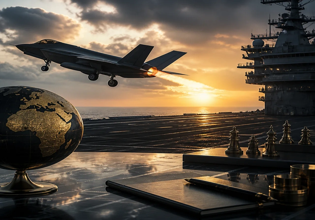 A sleek military jet taking off from an aircraft carrier at sunset, emphasizing aerospace technology.