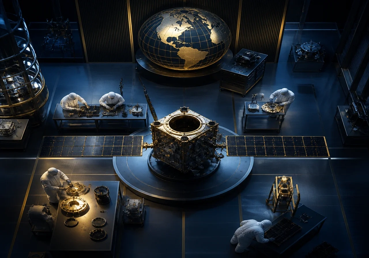 A top-down view of a defense contractor's manufacturing facility with engineers working on satellite components.