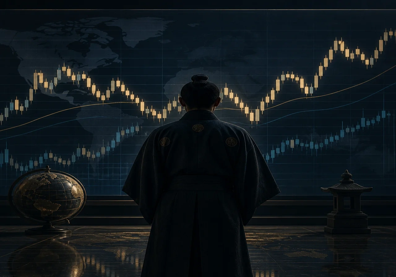 A shadowy figure in traditional Japanese attire standing before a giant screen showing USD/JPY charts, evoking stealth and market surprise.
