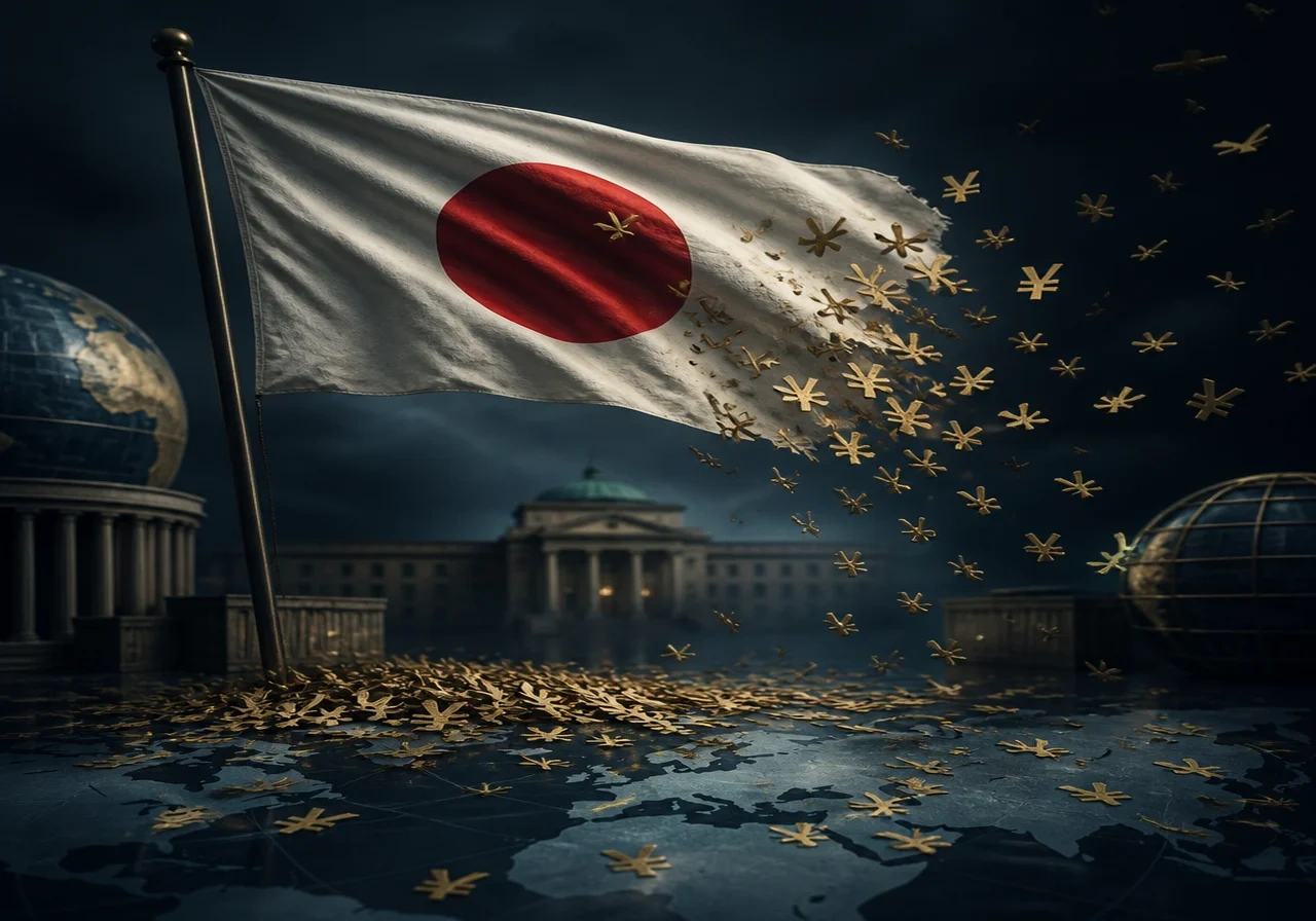 A stylized Japanese flag with yen currency symbols falling like cherry blossoms, symbolizing the weakening yen and intervention efforts.