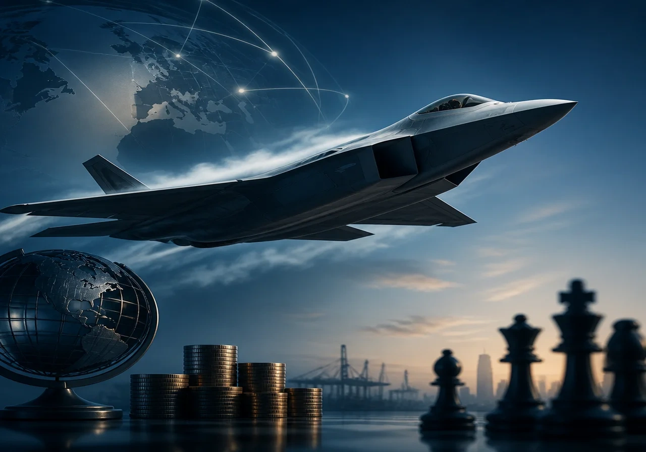 A modern fighter jet in flight against a clear blue sky, symbolizing defense industry strength.