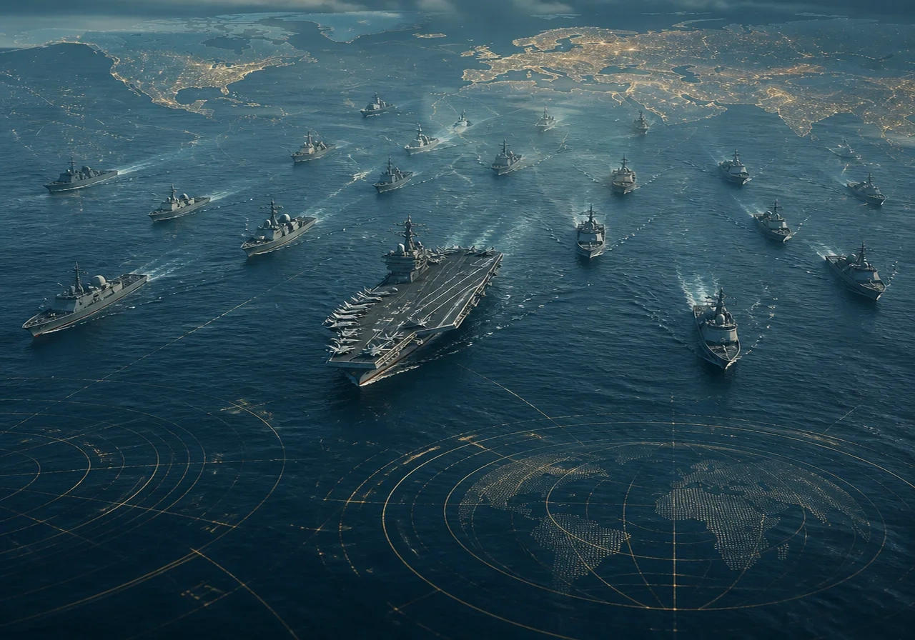 An aerial view of a naval fleet at sea, representing global military capabilities.