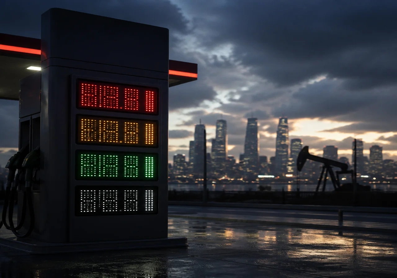 Gas station sign showing fuel prices at twilight, with blurred city skyline in the background, representing economic volatility.
