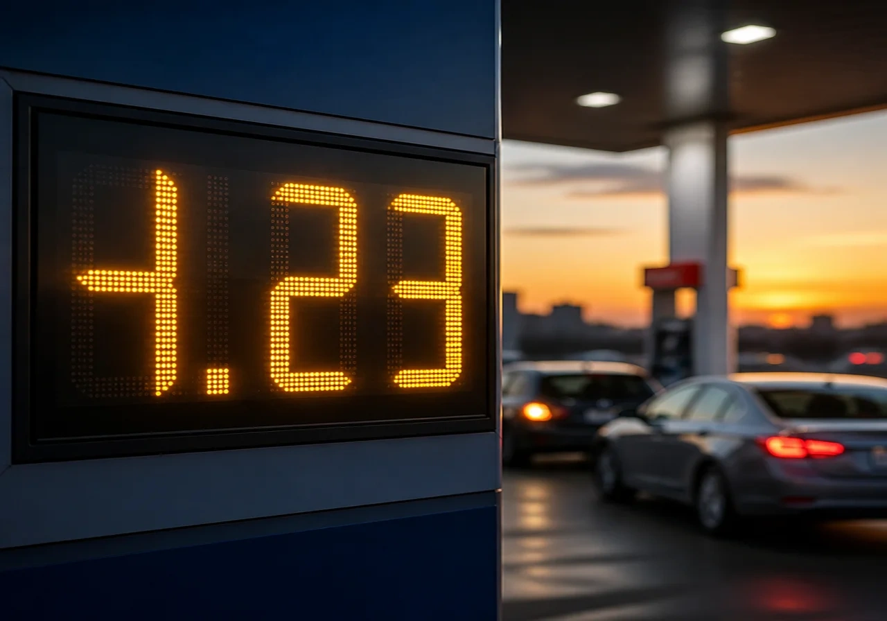 A close-up of a gas station price sign displaying $4.23 per gallon, with a blurred background of cars at the pump during sunset.