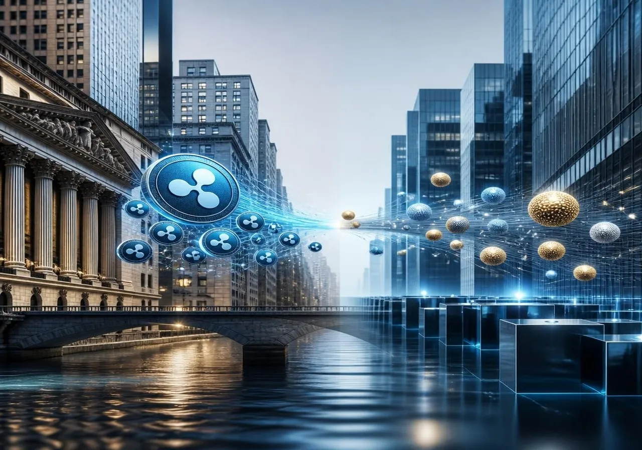 A montage of institutional buildings (banks, asset managers) with abstract digital XRP symbols flowing into ETF tickers, symbolizing the bridge between traditional finance and