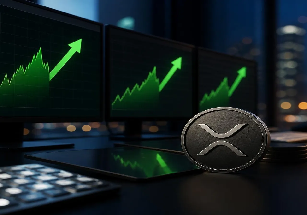 A photo of a trading desk screen showing multiple XRP ETF tickers (XRP, GXRP, XRPZ) with green upward arrows, representing market activity and investor interest.