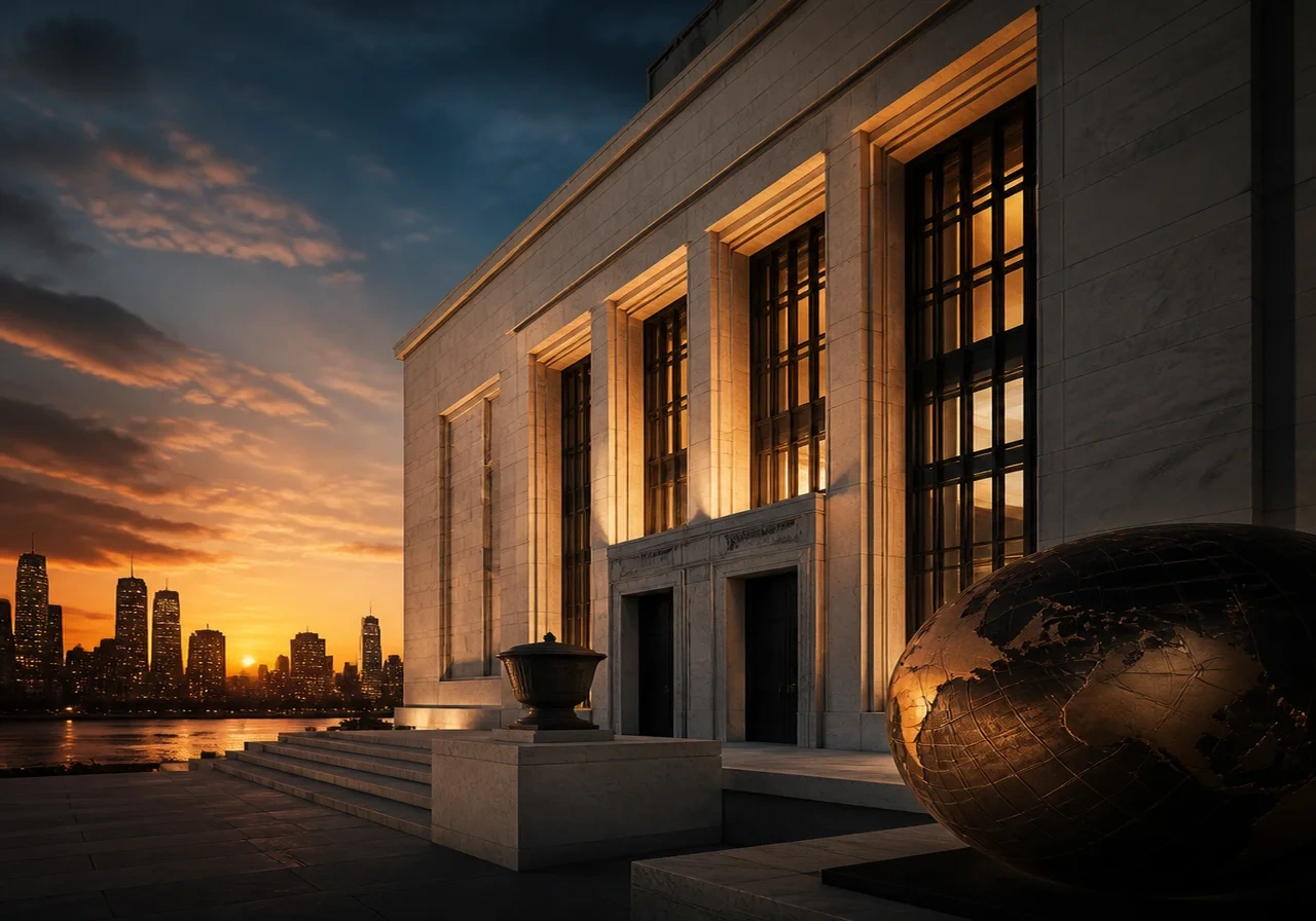 Exterior of the New York Federal Reserve Bank building at dusk with warm lighting