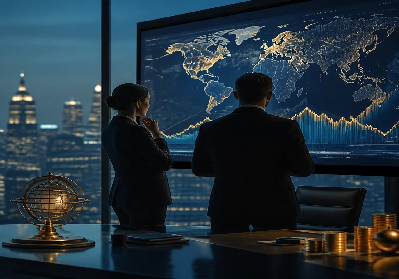 Professional economists analyzing data charts on a large screen in a modern office